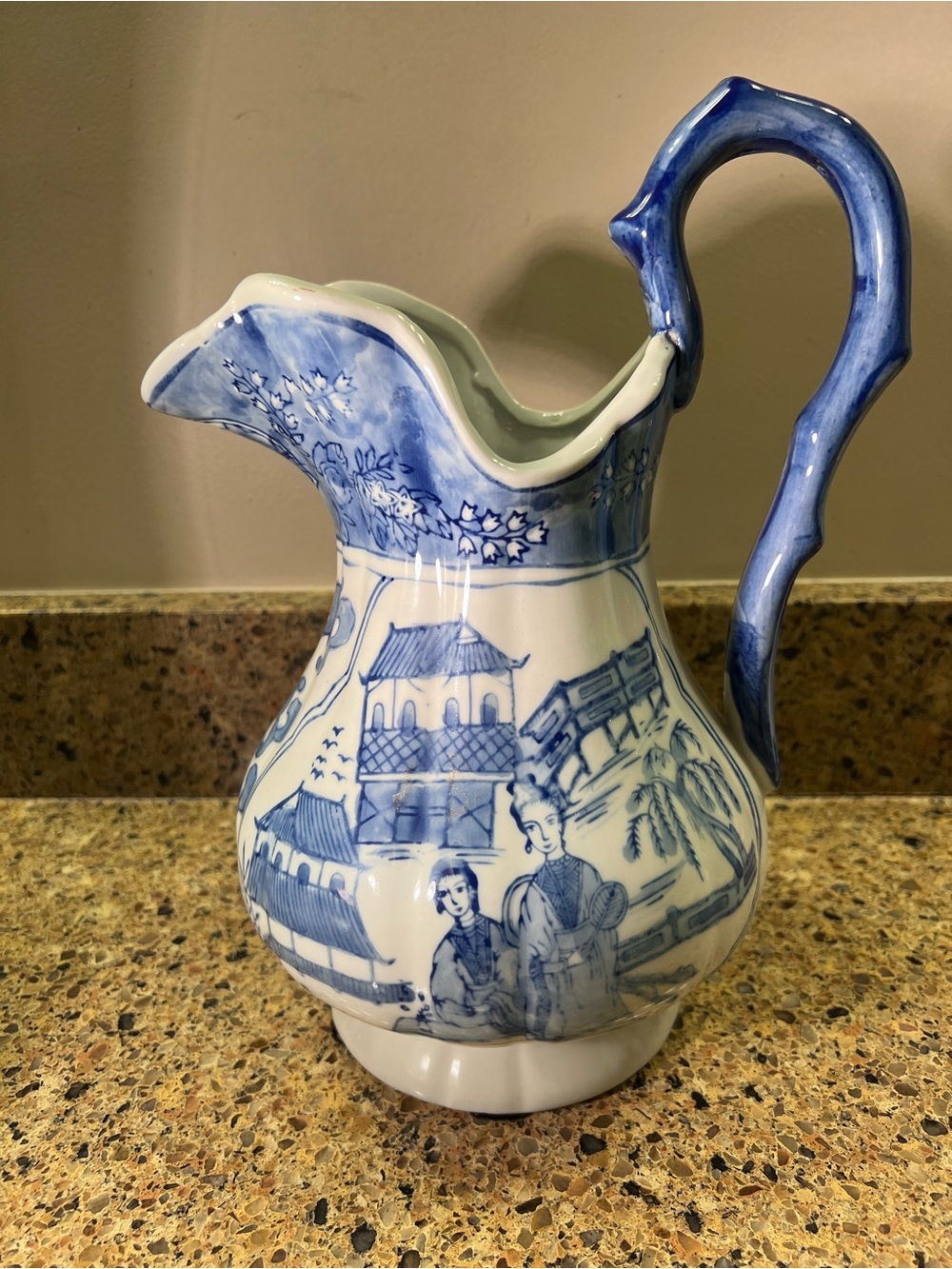 Blue and White Chinoiserie Ceramic Pitcher Vase - Classic Chinese Motif 12x9”